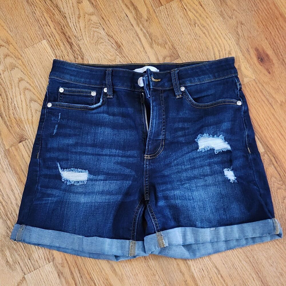 lauren conrad 8 Petite Dark Wash 5" Stretch denim Shorts Distressed cuffed